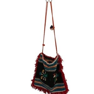 Vintage Handmade Boho Bag. Embroidered Birds.‎ Red Fringe. Groovy